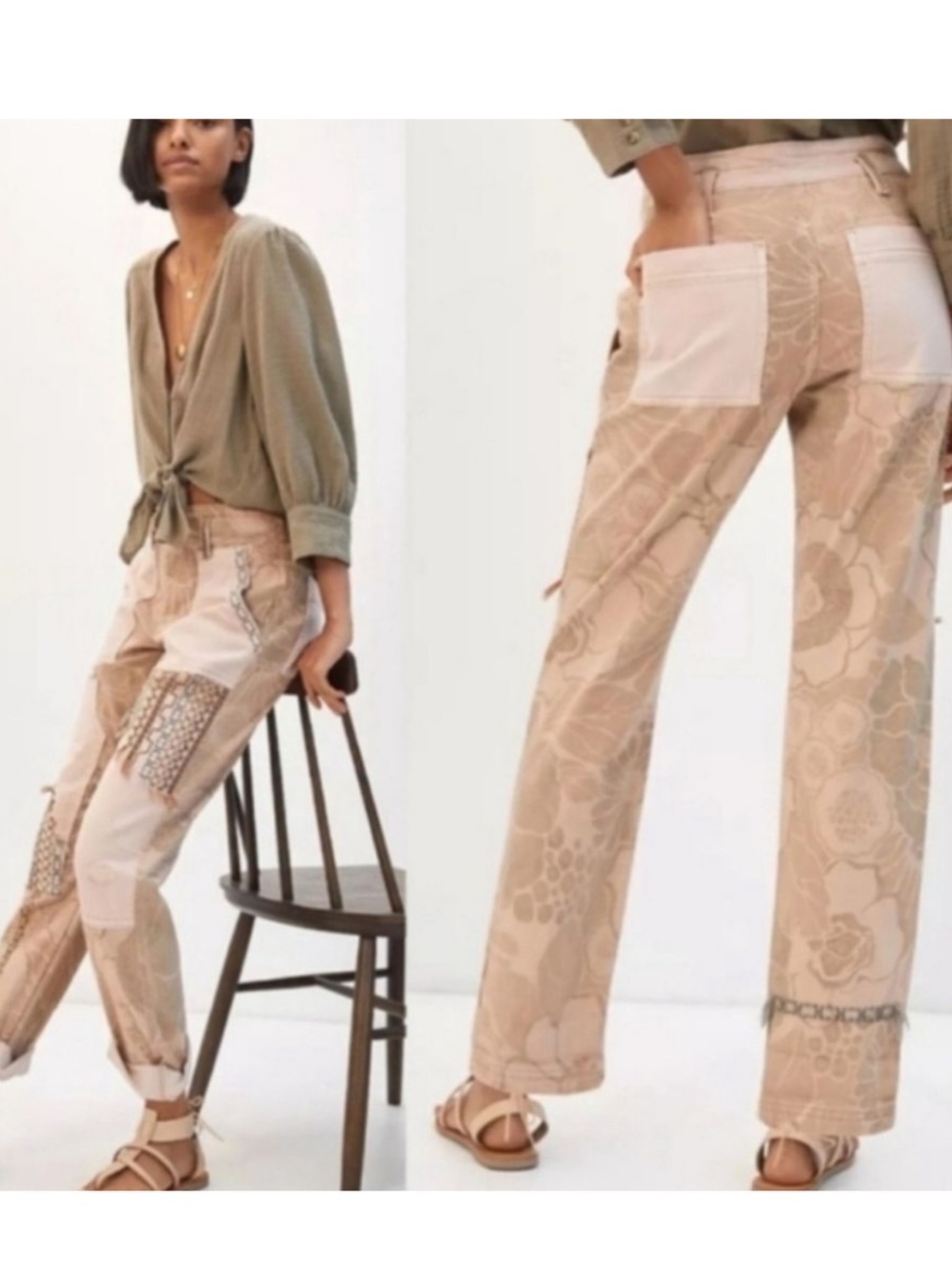 Anthropology’s  Pilcro Neutral Patchwork Wide-Leg Pants in Beige and Cream
